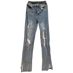 Fashion Nova Light Blue Distressed Straight Leg Jeans 0